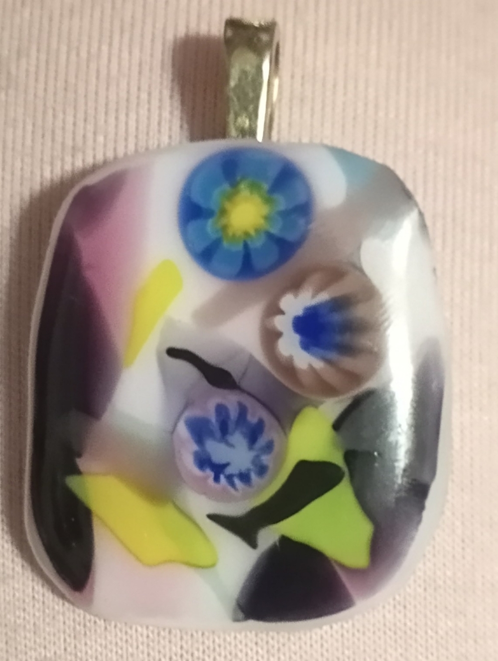 Handmade Fused Glass Millefiori Pendant - Abstract Floral Art Glass -White Glass